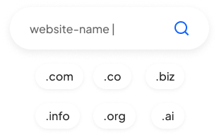 Graphic depicting a website domain name search bar with a magnifying glass icon, followed by a selection of common top-level domain options (.com, .co, .biz, .info, .org, .ai). This illustrates the process of choosing a domain name for a website.